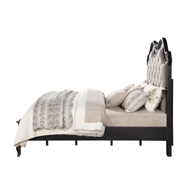 ACME Chelmsford Queen Bed, Beige Fabric & Antique Black Finish