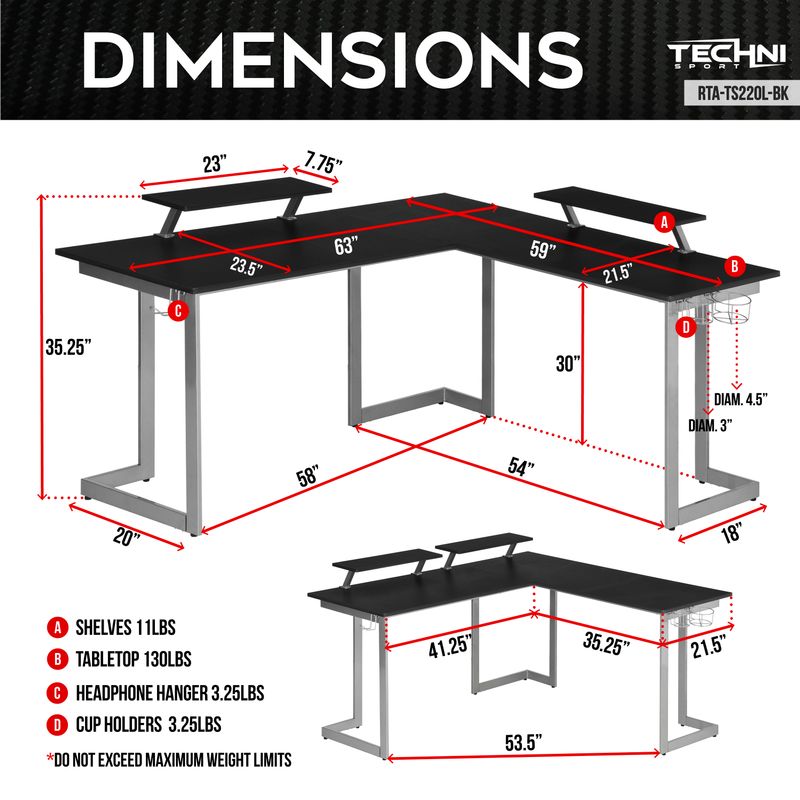 Warrior L-Shaped Gaming Desk, Black