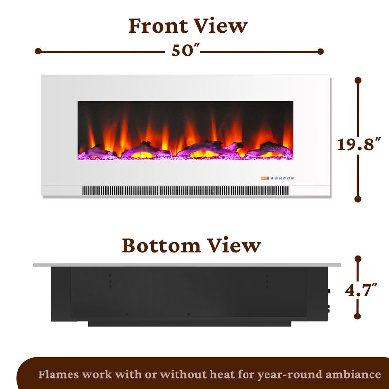 50-In. Wall-Mount Electric Fireplace in White with Multi-Color Flames and Driftwood Log Display