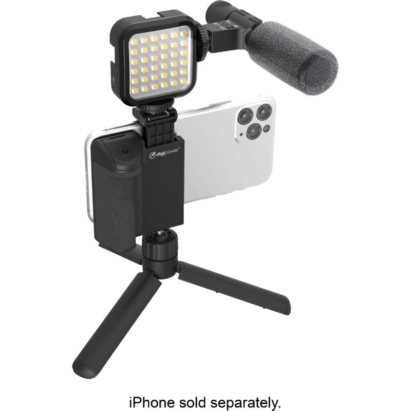 Digipower - Follow ME Vlogging Kit for Phones and Cameras - Includes Microphone, LED light, Bluetooth remote, phone grip and tripod - Black