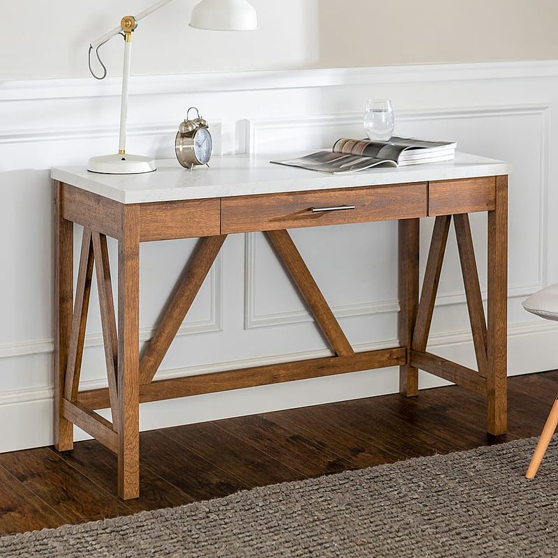 Walker Edison - 46" A Frame Modern Wood Computer Desk with Drawer - Natural Walnut/White Marble