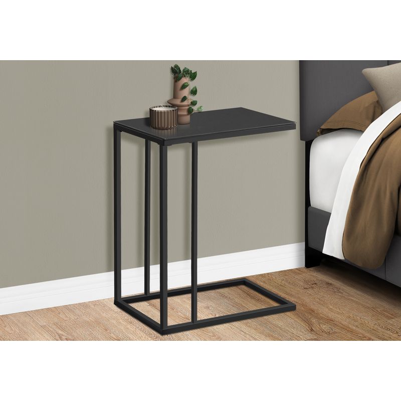 Accent Table/ C-shaped/ End/ Side/ Snack/ Living Room/ Bedroom/ Metal/ Tempered Glass/ Black/ Contemporary/ Modern