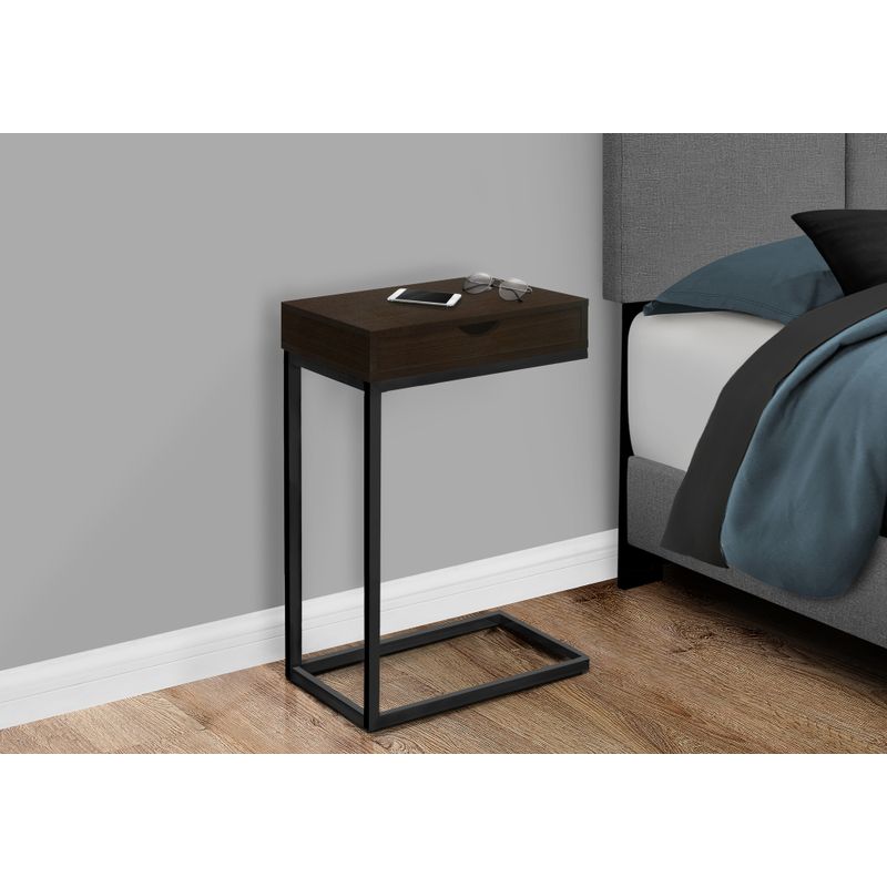 Accent Table/ C-shaped/ End/ Side/ Snack/ Storage Drawer/ Living Room/ Bedroom/ Metal/ Laminate/ Brown/ Black/ Contemporary/ Modern