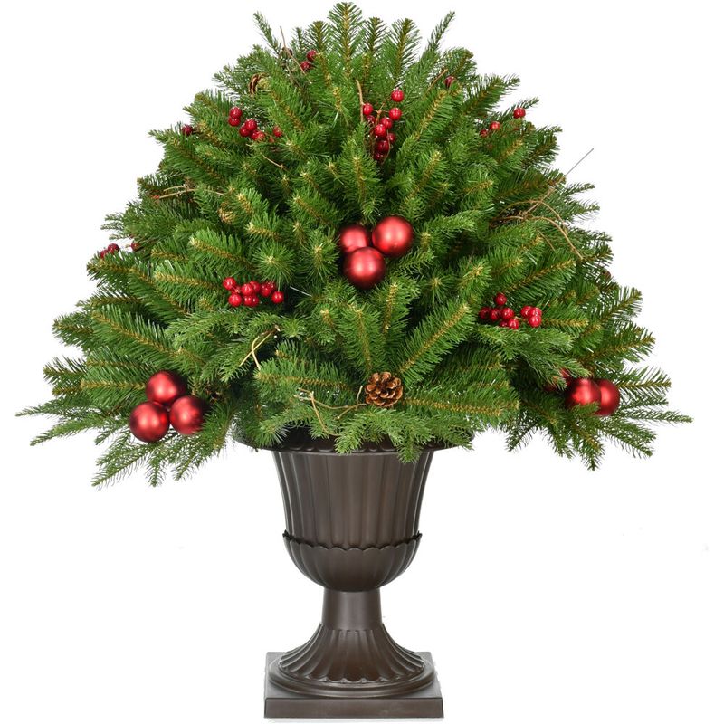Fraser Hill Farm Joyful 30" Porch Tree in Pedestal Urn, Berries, Pinecones, Ornaments
