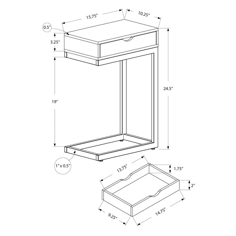 Accent Table/ C-shaped/ End/ Side/ Snack/ Storage Drawer/ Living Room/ Bedroom/ Metal/ Laminate/ Brown/ Black/ Contemporary/ Modern