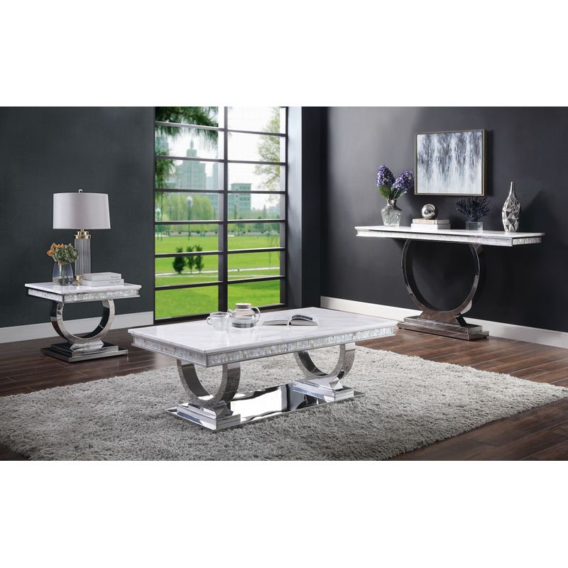 ACME Zander Sofa Table, White Engineering Marble & Mirrored Silver Finish
