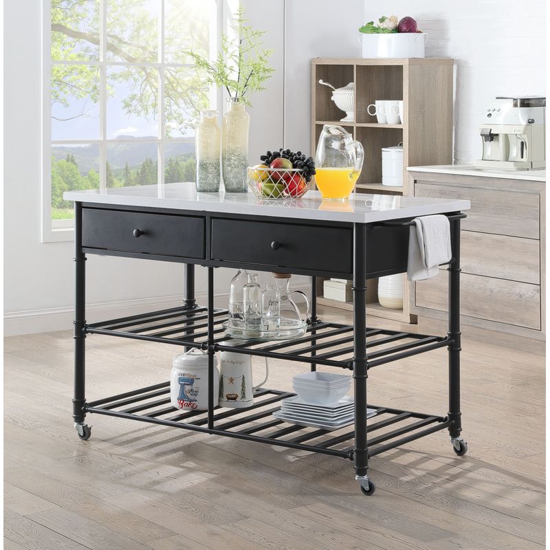 ACME Emery Kitchen Island, White Nature Marble Top & Gray Finish