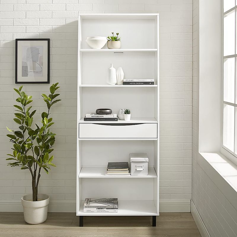 Walker Edison - Modern Drawer 5-Shelf Tall Bookcase - Solid White