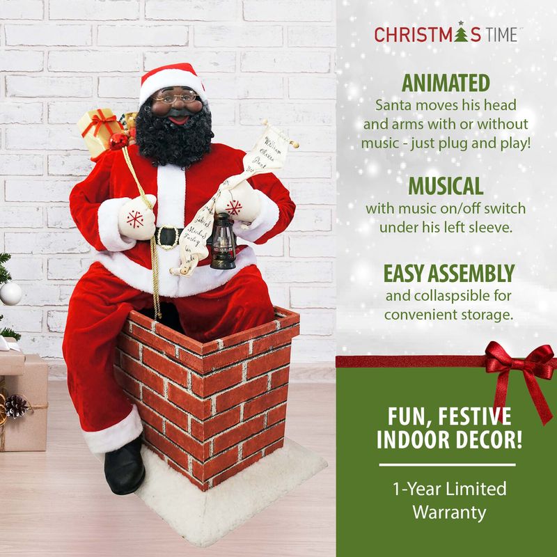 Christmas Time 4-Ft. Music and Motion African American Santa Claus in the Chimney, Animated Indoor Christmas Holiday Home Decor