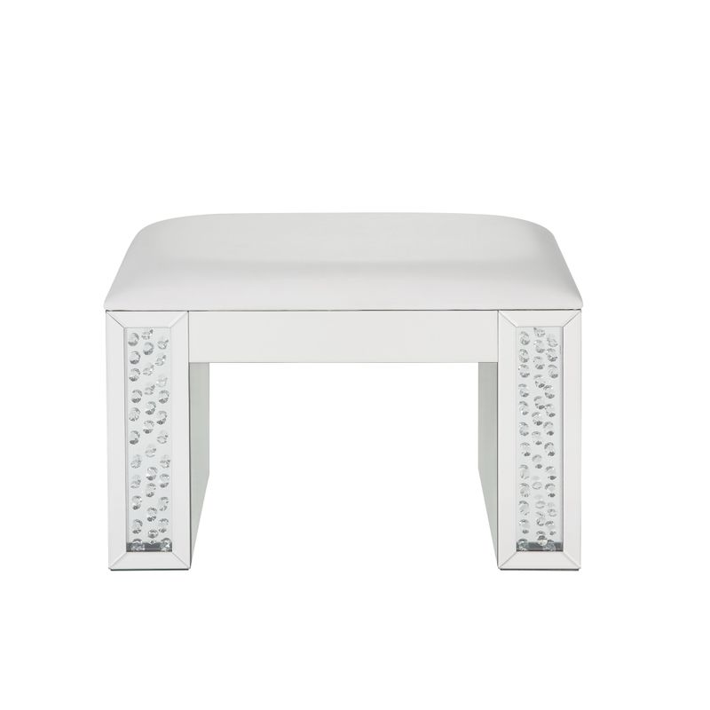 ACME Nysa Vanity Stool, Ivory Synthetic Leather, Mirrored & Faux Crystals