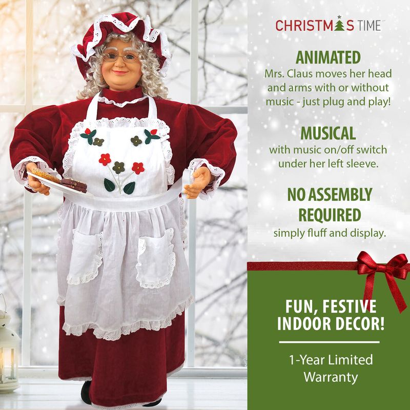 Christmas Time 3-Ft. Music and Motion Baking Mrs. Claus with Apron and Christmas Cookies, Animated Indoor Holiday Home Decor