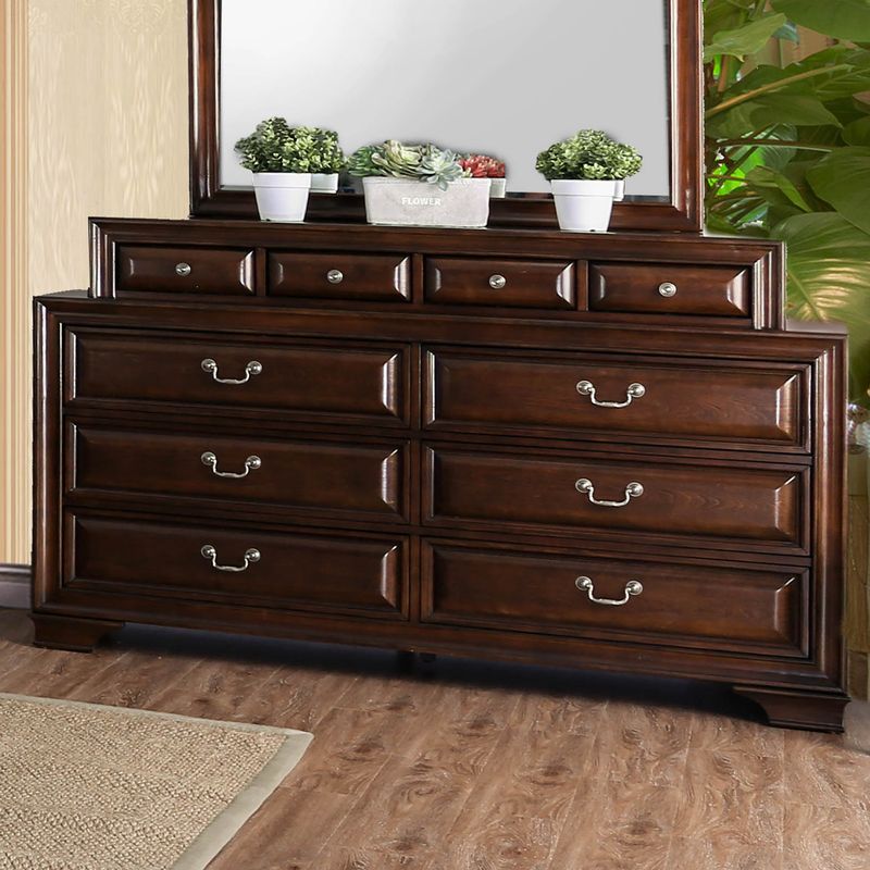 Transitional Wood 10-Drawer Double Dresser in Brown Cherry