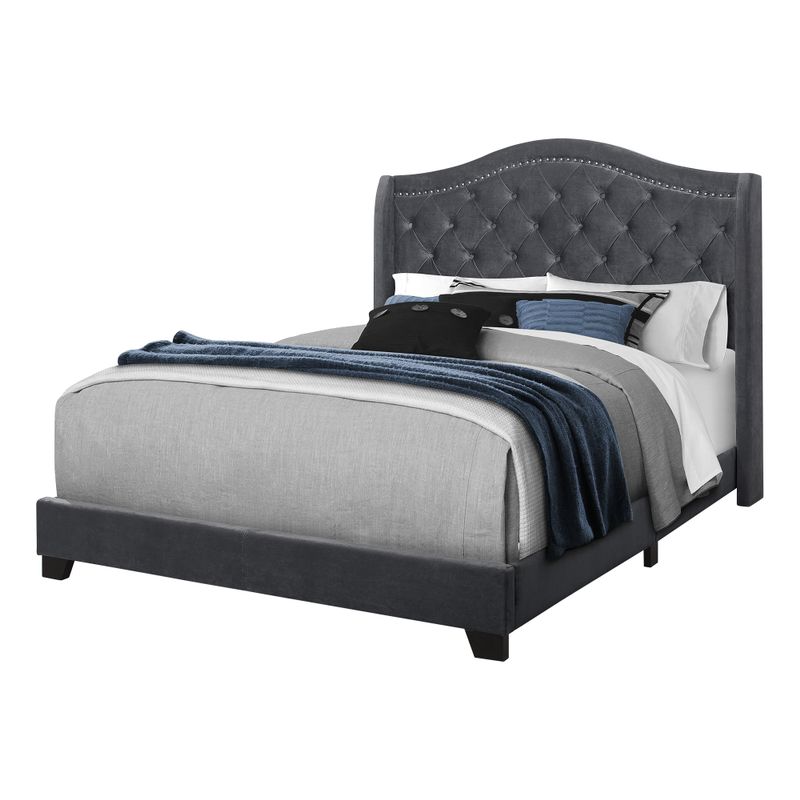 Bed - Queen Size / Dark Grey Velvet With Chrome Trim