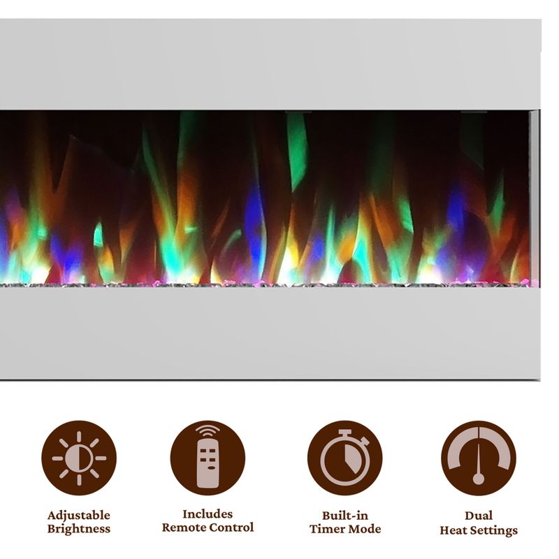 50-In. Recessed Wall Mounted Electric Fireplace with Crystal and LED Color Changing Display, White