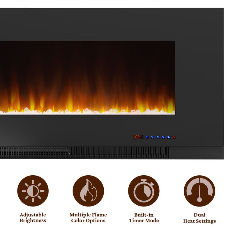 50-In. Wall-Mount Electric Fireplace in Black with Multi-Color Flames and Crystal Rock Display