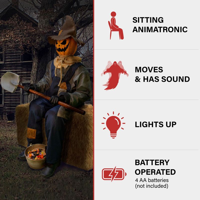 Motion Activated Smiling Jack the Sitting Scarecrow by Tekky, Premium Talking Halloween Animatronic, Plug-In or Battery