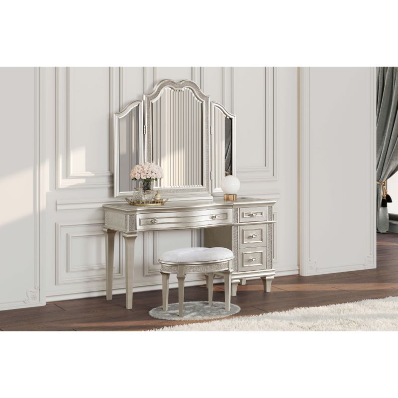 Evangeline Oval Vanity Stool with Faux Diamond Trim Silver and Ivory