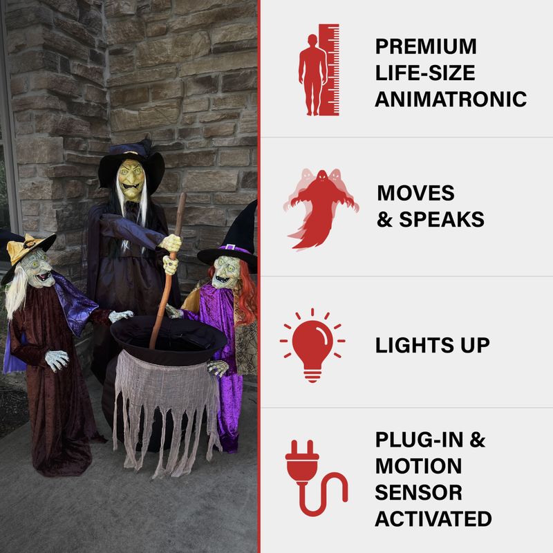 Motion-Activated Wicked Sitchwick Sisters, Premium Talking Halloween Animatronic, Plug-In