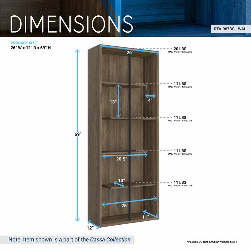Standard 5-Tier Wooden Bookcase, Walnut