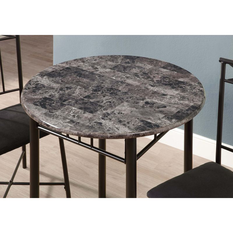 Dining Table Set/ 3pcs Set/ Small/ 30" Round/ Kitchen/ Metal/ Laminate/ Grey Marble Look/ Black/ Transitional