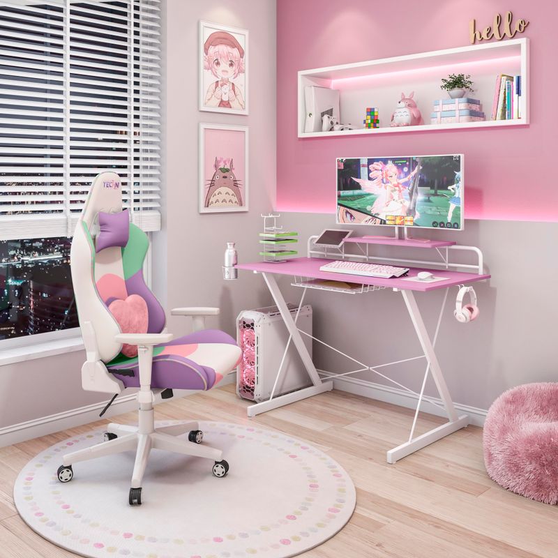 Carbon Computer Gaming Desk with Shelving, Pink