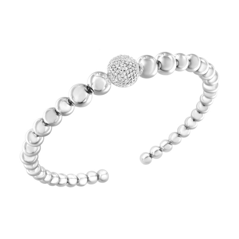 .925 Sterling Silver 1/6 Cttw Diamond Rondelle Graduated Ball Bead Cuff Bangle Bracelet (I-J color, I2-I3 clarity) - Fits wrists up to 7 1/2