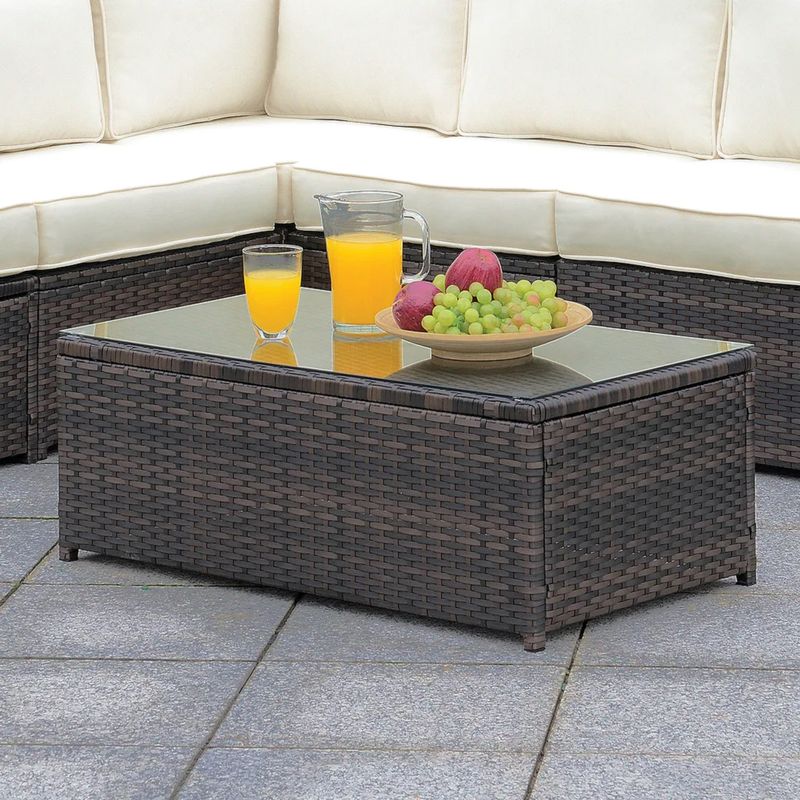 Contemporary Glass Top Patio Coffee Table in Brown/Beige