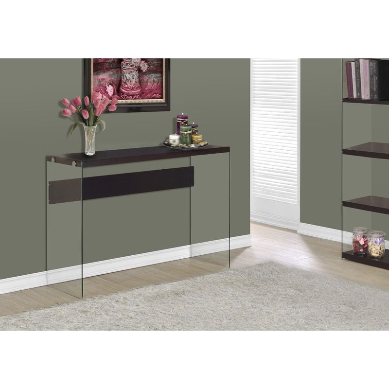 Accent Table/ Console/ Entryway/ Narrow/ Sofa/ Living Room/ Bedroom/ Tempered Glass/ Laminate/ Brown/ Clear/ Contemporary/ Modern