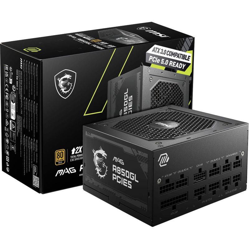 MSI - MAG A850GL PCIE5 850W ATX 3.1 &PCIe 5.1 Ready Full Modular 80 Plus Gold Gaming Power Supply - Black