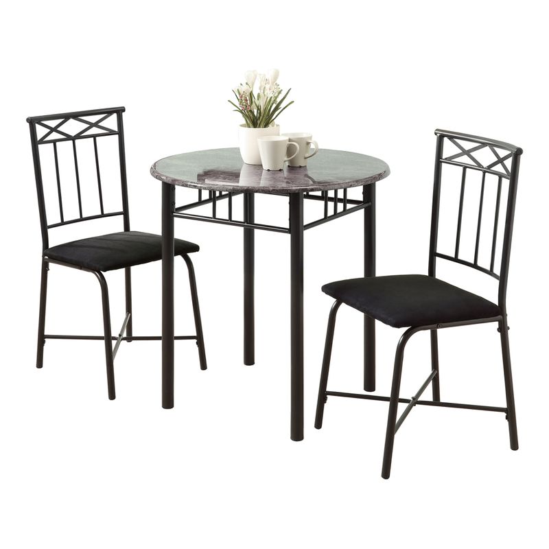 Dining Table Set/ 3pcs Set/ Small/ 30" Round/ Kitchen/ Metal/ Laminate/ Grey Marble Look/ Black/ Transitional