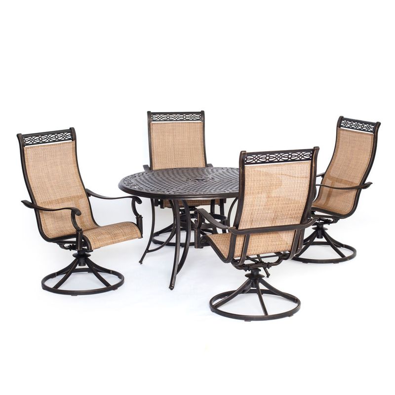 Manor 5pc: 4 Sling Swivel Rockers, 48" Round Cast Table