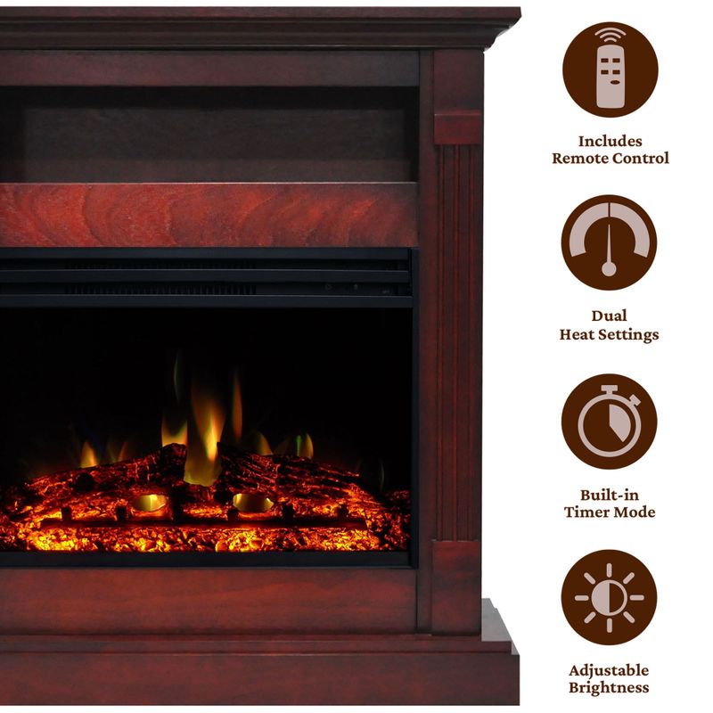 Sienna 34-In. Electric Fireplace Heater with Cherry Mantel, Enhanced Log Display, Multi-Color Flames, and Remote Control