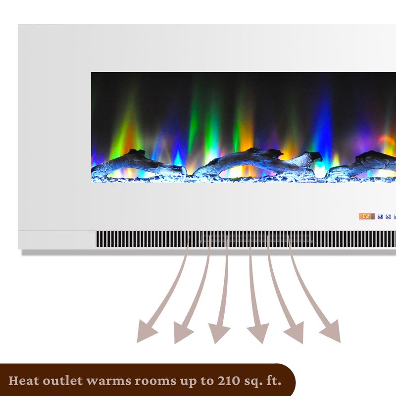 Somerset 70-In. White Electric Fireplace TV Stand with Multi-Color LED Flames, Driftwood Log Display, and Remote Control