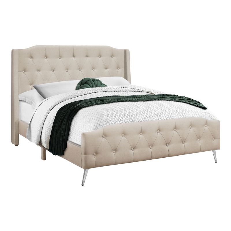 Bed - Queen Size / Beige Linen With Chrome Metal Legs