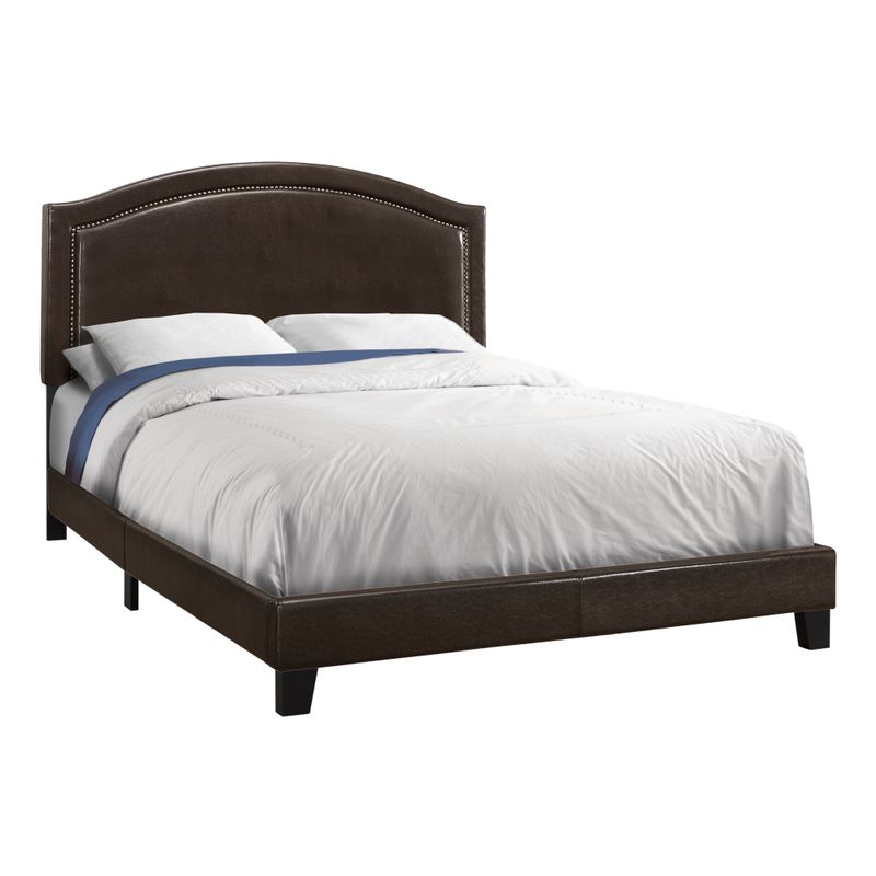 Bed - Queen Size / Brown Leather-Look With Brass Trim