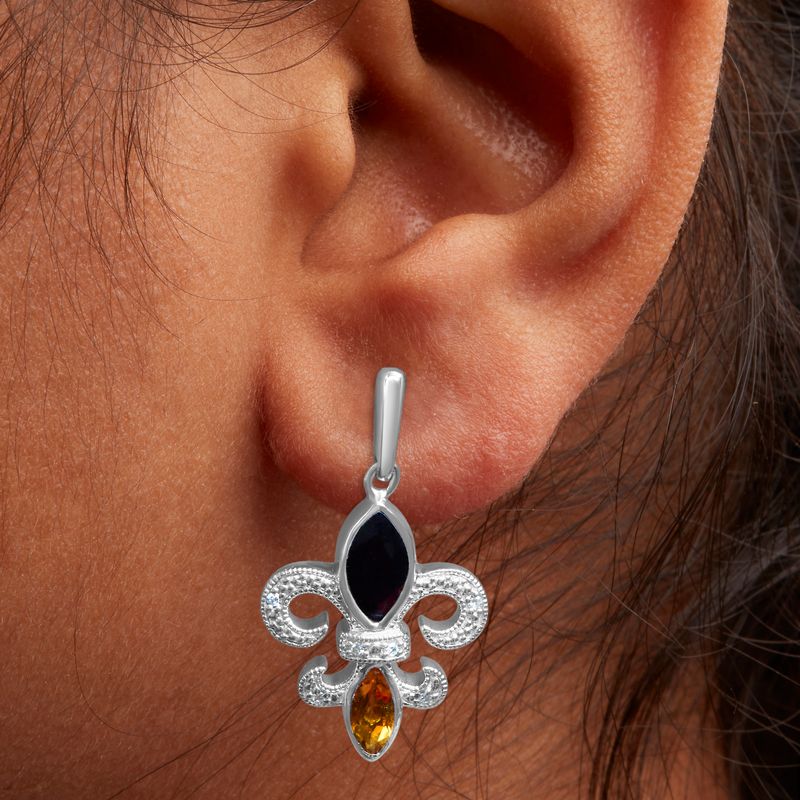 .925 Sterling Silver Marquise Cut Onyx and Citrine with Diamond Accent Fleur De Lis Drop Stud Earrings (H-I Color, SI1-SI2 Clarity)