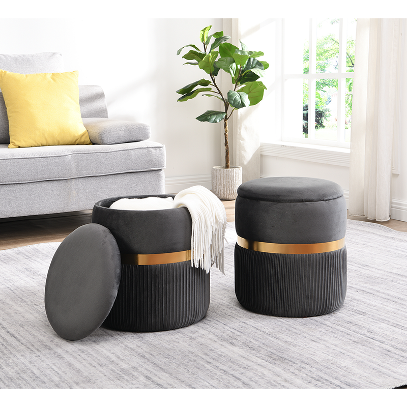 Modern Velvet Round Ottoman with Storage, Grey