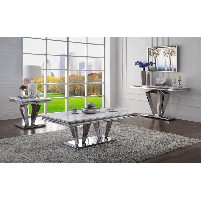 ACME Satinka End Table, Light Gray Engineering Marble & Mirrored Silver Finish