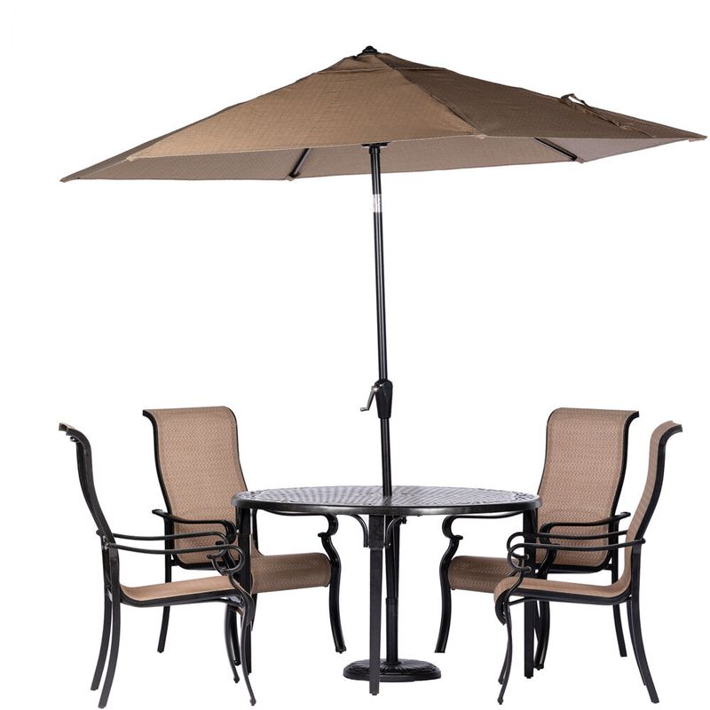 Brigantine 5pc: 4 Sling Dining Chairs, 50" Round Cast Table, Umbrella & Base