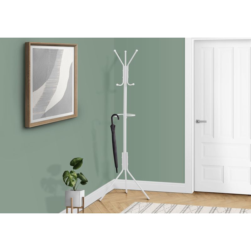 Coat Rack/ Hall Tree/ Free Standing/ Hanging Bar/ 6 Hooks/ Entryway/ 68"H/ Bedroom/ Metal/ White/ Contemporary/ Modern