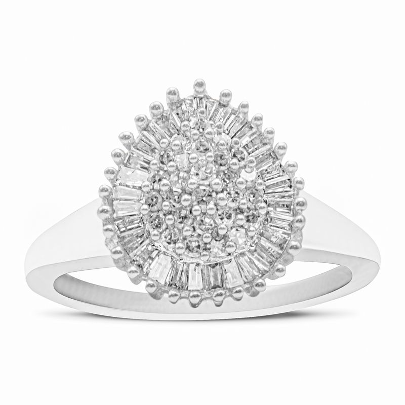 10K White Gold 1/2 Cttw Round & Baguette Cut Diamond Pear Shaped Domed Pavé Cluster with Halo Cocktail Ring (H-I Color, SI1-SI2 Clarity) - S