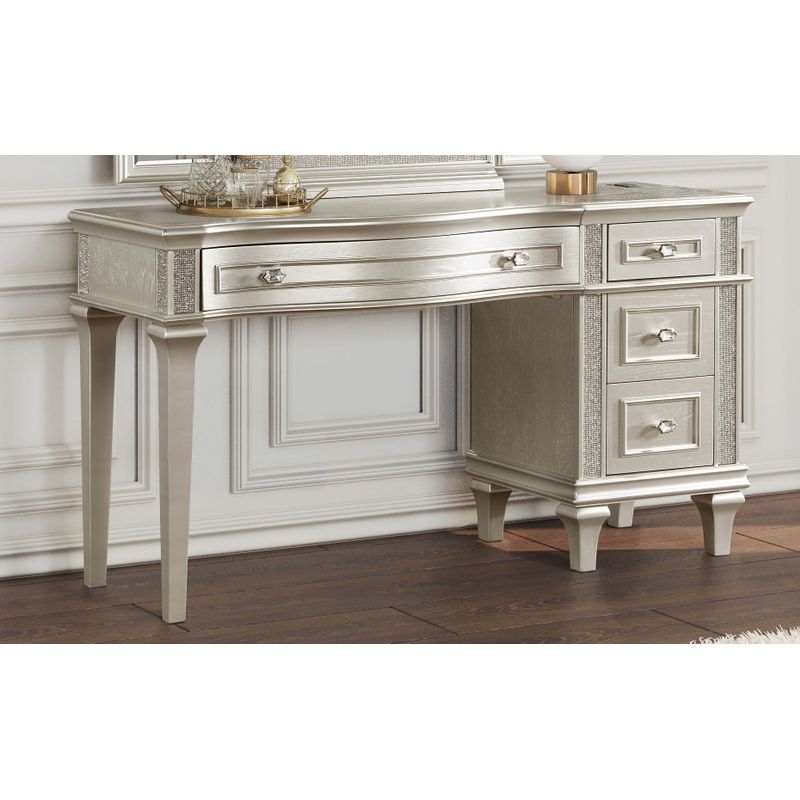 Evangeline 4-drawer Vanity Table with Faux Diamond Trim Silver and Ivory