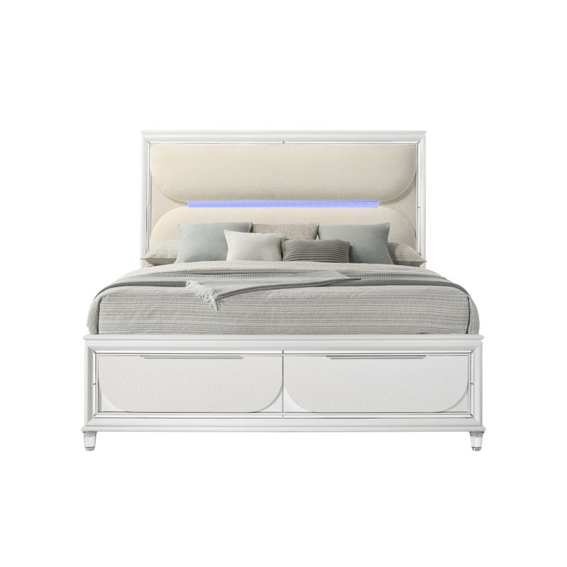 ACME Tarian Queen Bed w/Storage & LED, White Boucle & Pearl White Finish
