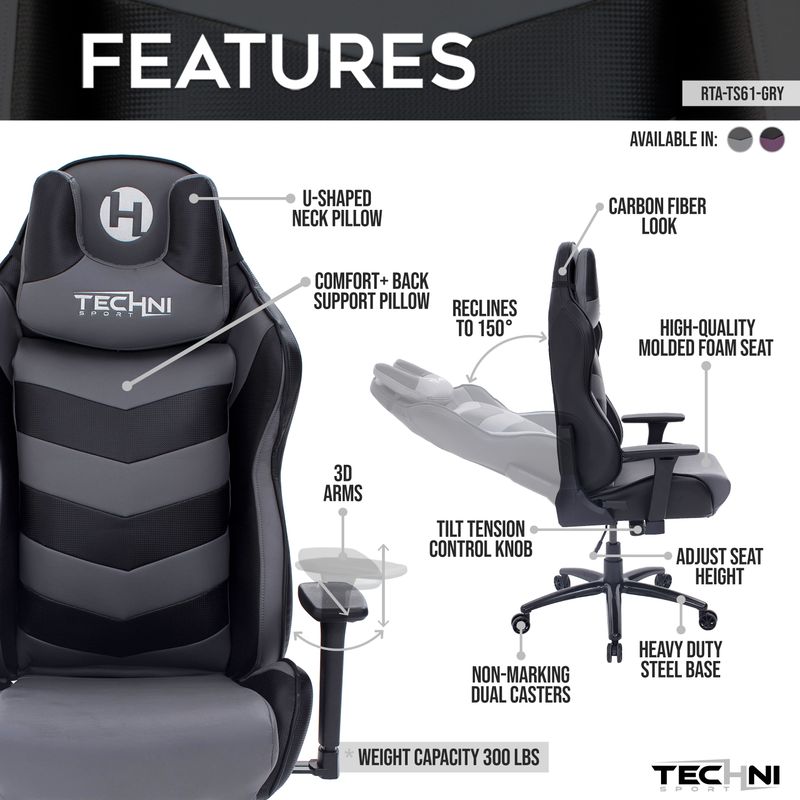 Ergonomic High Back Racer Style Video Gaming Chair, Grey/Black