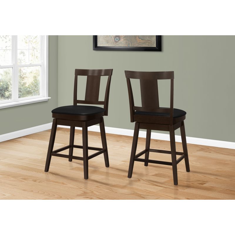 Bar Stool/ Set Of 2/ Swivel/ Counter Height/ Kitchen/ Wood/ Pu Leather Look/ Brown/ Black/ Transitional