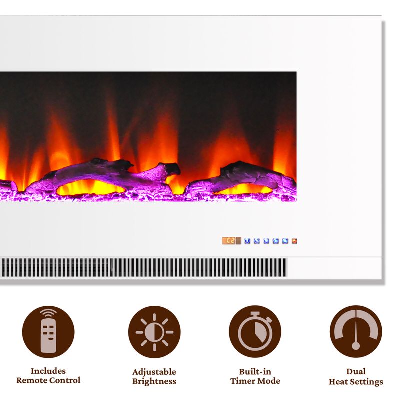 50-In. Wall-Mount Electric Fireplace in White with Multi-Color Flames and Driftwood Log Display