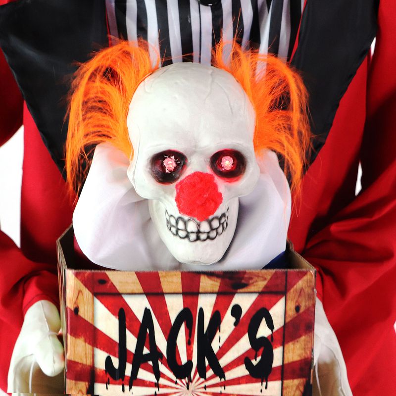 Standing Clown and Animatronic Talking Skull Clown in a Box for Scary Halloween Decoration