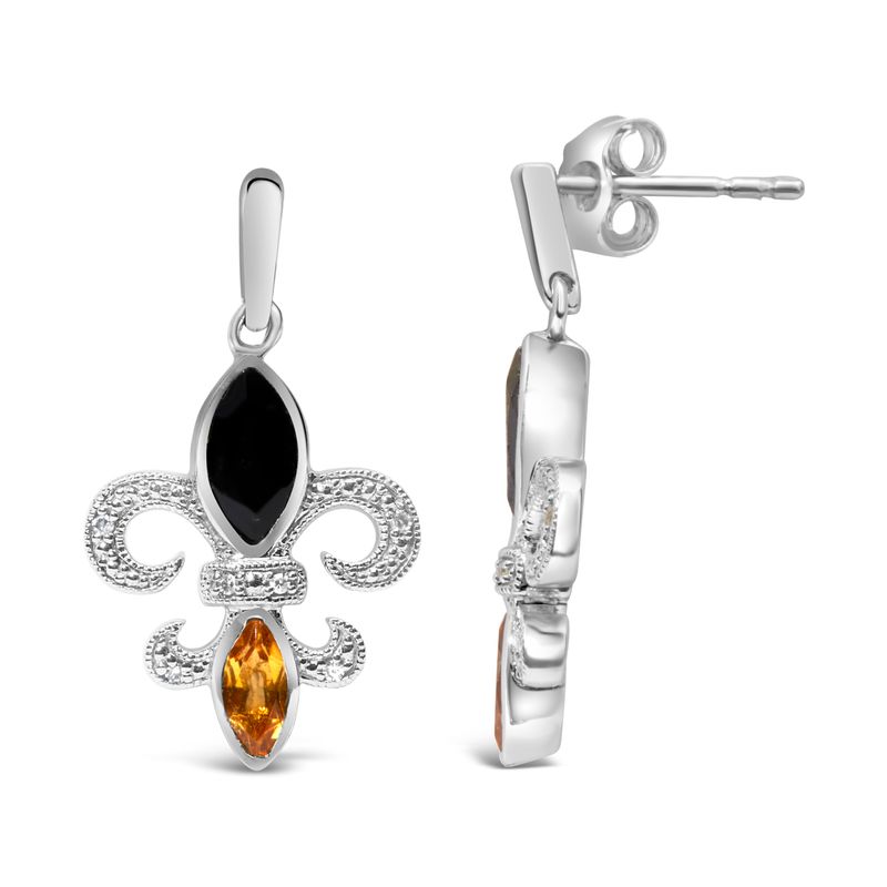 .925 Sterling Silver Marquise Cut Onyx and Citrine with Diamond Accent Fleur De Lis Drop Stud Earrings (H-I Color, SI1-SI2 Clarity)