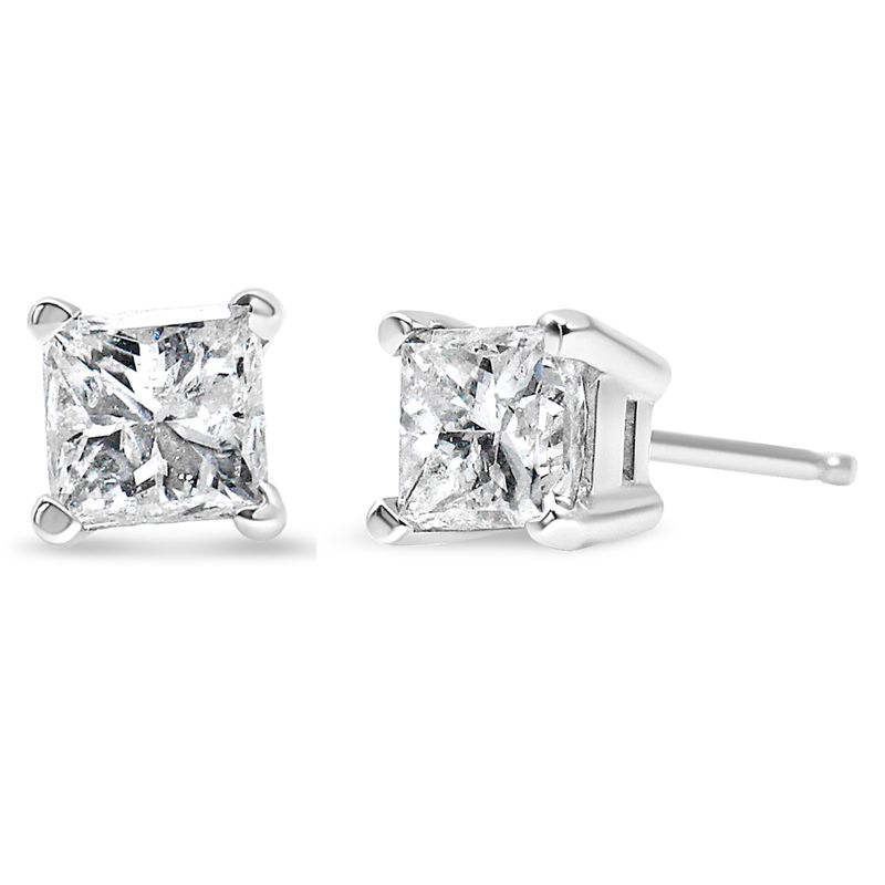 14K White Gold 1/3 Cttw Princess-Cut Square Near Colorless Diamond Classic 4-Prong Solitaire Stud Earrings (J-K Color, I1-I2 Clarity)