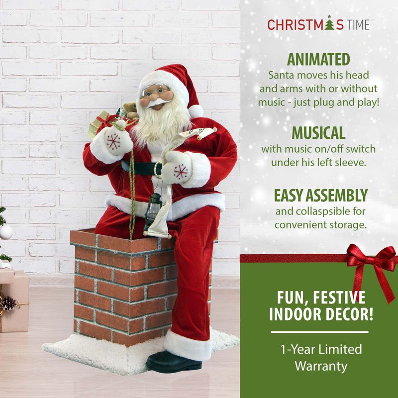 Christmas Time 4-Ft. Music and Motion Santa Claus in the Chimney, Animated Indoor Christmas Holiday Home Decor